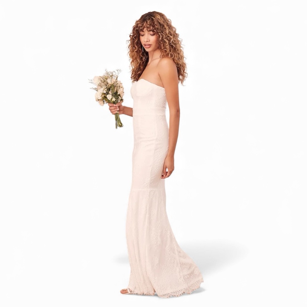 LULU’S Ceremony of Us Strapless Lace White Maxi Gown